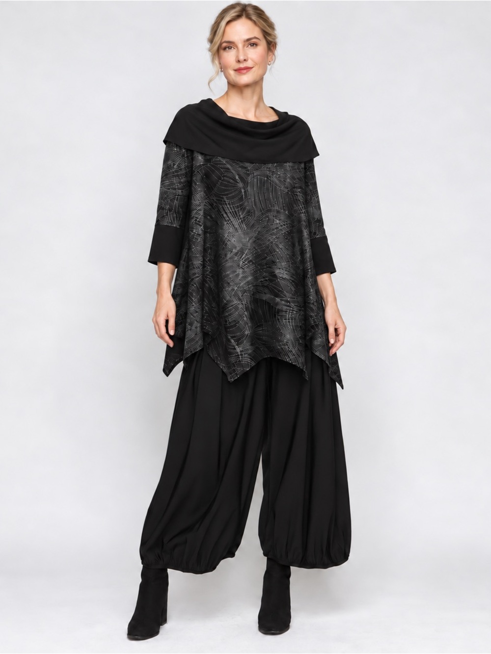 IC Collection Black Metallic Asymmetrical Tunic Art to Wear Top Large USA